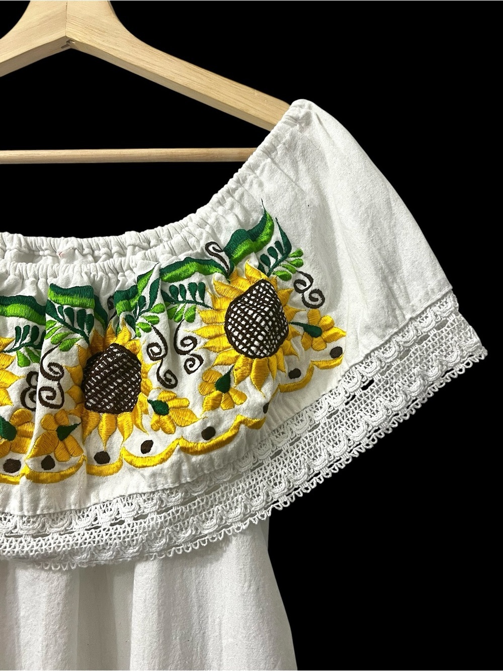 Mexican White Sunflower Embroidered Off Shoulder Dress Cottage Festive Peasant - Picture 3 of 8